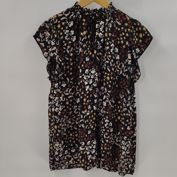 Maurices Blouse XL Black Floral Print Flutter Sleeve High Collar Fall Colors - Picture 1 of 7